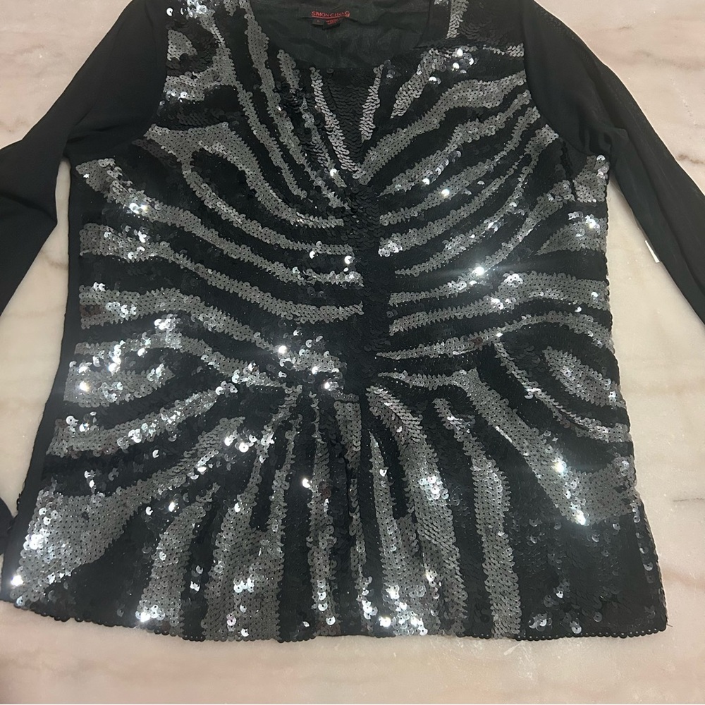 Simon Chang Black and Silver Sequin Long Sleeve Top